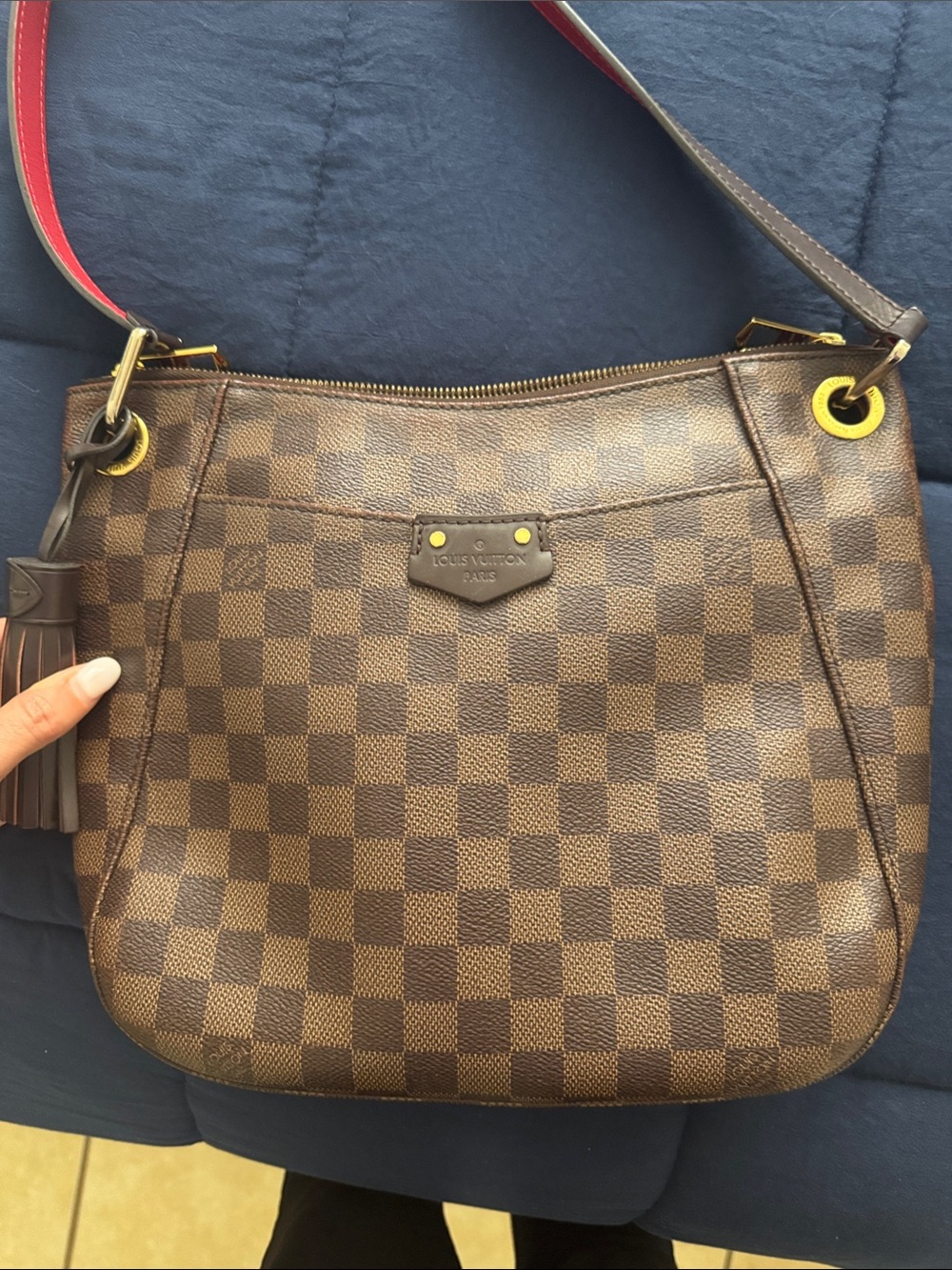 Louis Vuitton Brown Damier Ebene Shoulder Bag with Red-Trim Strap